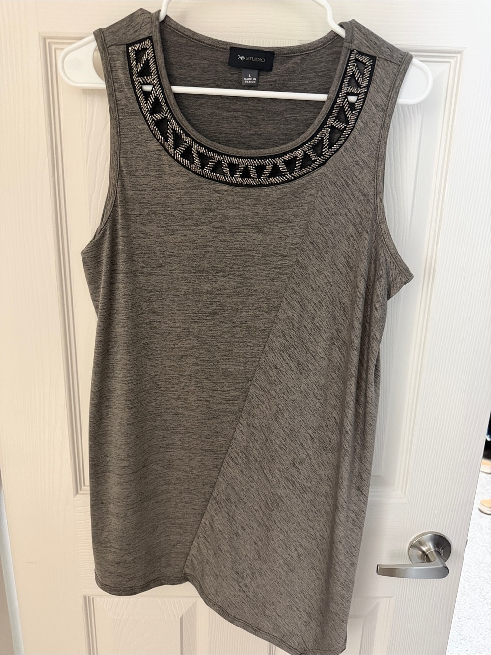 AB Studio Gray/Khaki Sleeveless Knit Tank with Beaded Black Trim